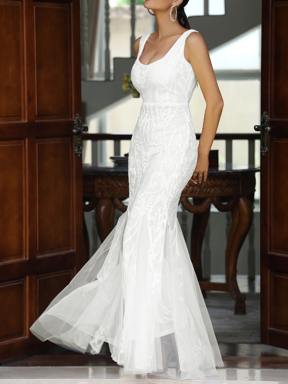 White Glamorous Women's Mermaid Hem Mesh Sequin Formal Gown - Picture 6 of 7